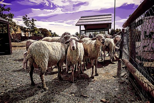 Sheep on a farm, detail of mammalian animals, wool and milk, food production