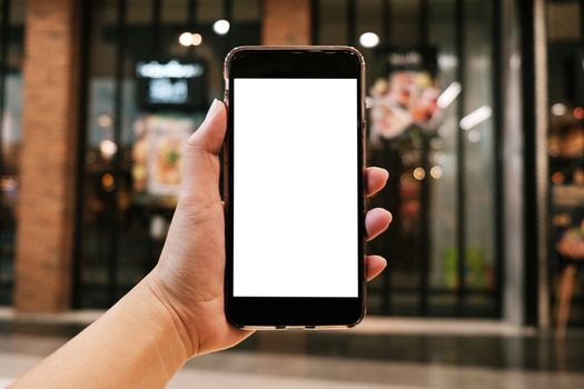 Close up of women's hands holding cell telephone blank copy space screen. smart phone with technology concept.