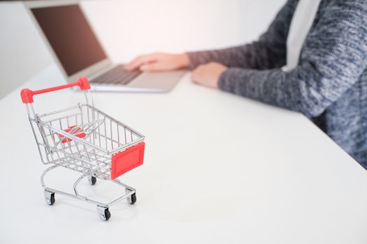 Woman and Small shopping cart with Laptop for Internet online shopping concept.