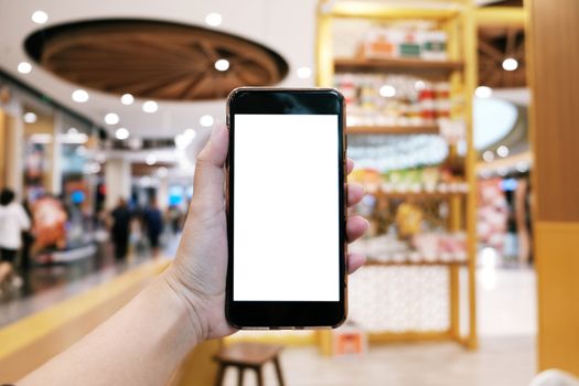 Close up of women's hands holding cell telephone blank copy space screen. smart phone with technology concept.