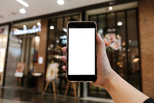 Close up of women's hands holding cell telephone blank copy space screen. smart phone with technology concept.