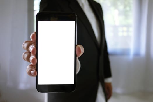 businessman showing blank telephone screen while standing.