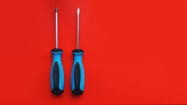 Screwdriver isolated on bright Background. Top View of Blue Handle Screwdriver Tool with Real Shadow. Space for Text or Image