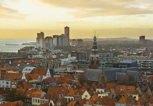 colorful city skyline of Vlissingen with the church clock tower and view at sea, Popular city in zeeland, The netherlands