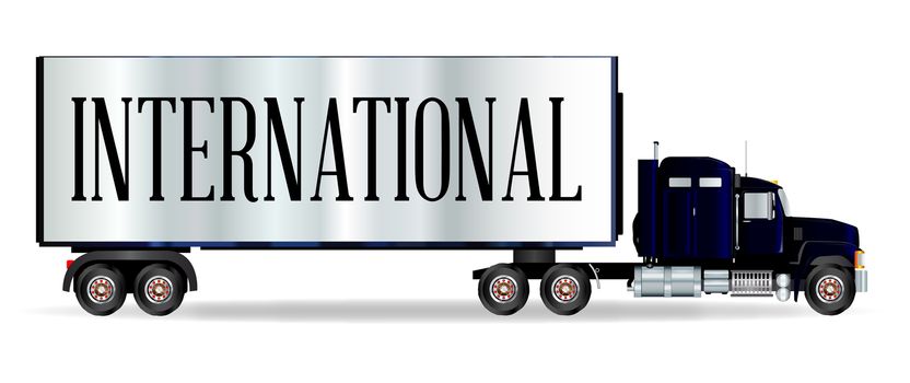 The front end of a large lorry over a white background with international inscription