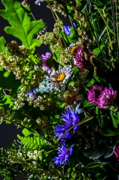 Bouquet with clover, cornflower and daisies. Flowers on dark background. Nature flower. Rural flowers on black background. Floral bouquet from wild summer flowers on dark background. 

