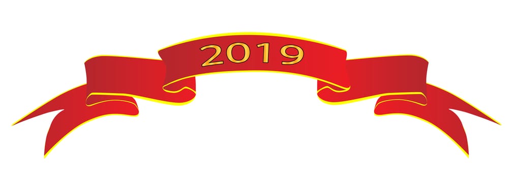 A red satin or silk ribbon with the legend 2019