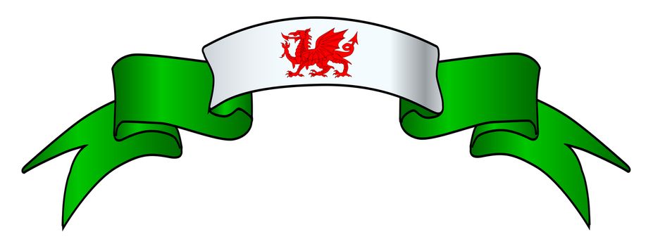 A white and green satin Welsh icon ribbon over a white background