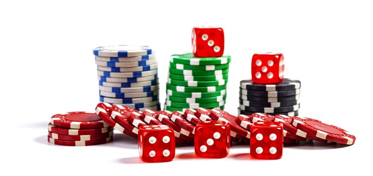 Casino Chips Pile With Five Red Dice Isolated On White Background