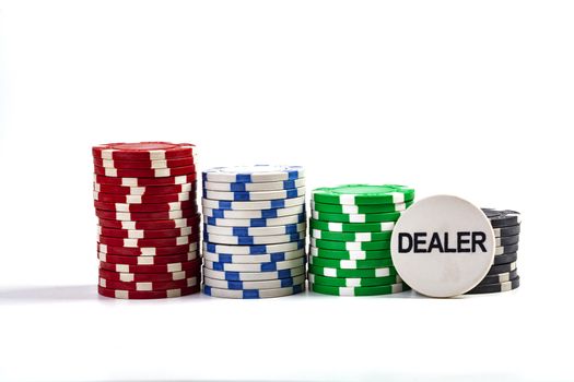 Casino Chips With Dealer Chip Isolated On White Background