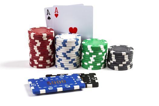 Round and Rectangular Casino Chips With Two Aces Isolated on white Background