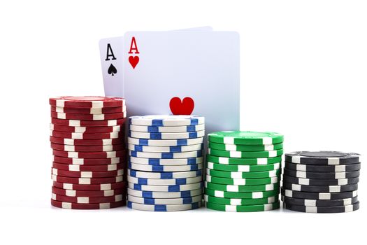 Two Aces with Casino Chips Isolated On White Background