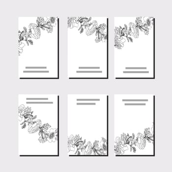 Collection with six floral design cards. Black roses on white background.