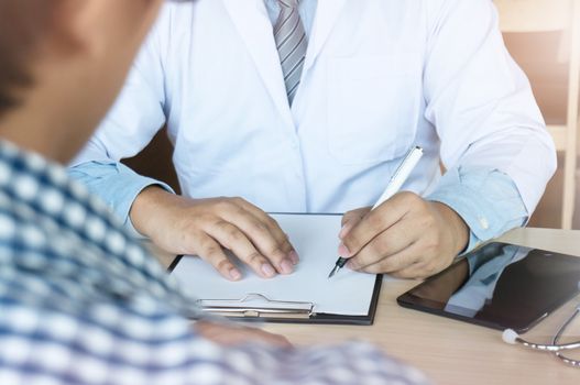 Professional medical doctor in white uniform gown coat interview