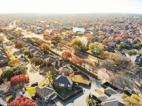 Aerial drone view lakeside residential neighborhood in North of Dallas, Texas, USA during fall season. Row of single-family houses subdivision with colorful autumn leaves