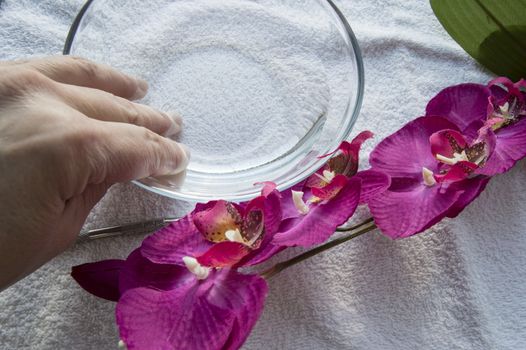 Female hand preparing a bowl of water and accessories for Spa manicure, white background.