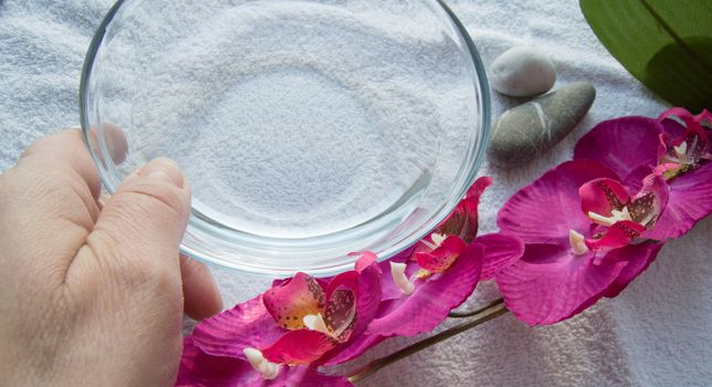 Female hand preparing a bowl of water and accessories for Spa manicure, white background.