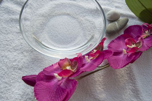 Water bowl and Spa manicure accessories, Orchid on white background.