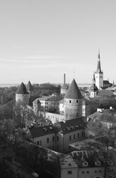 Medieval towers in the city wall around Tallinn, capital city of Estonia, on a sunny day - monochrome processing