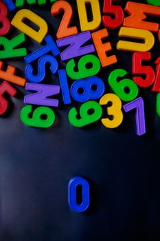 Colorful magnetic numbers and letters grouped on the fridge