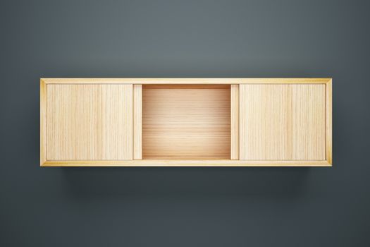 Wood cabinet on grey wall interior