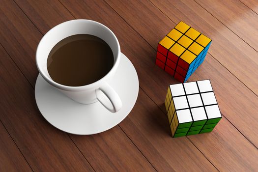 Coffee cup and Rubik cube on wooden