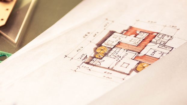 closeup of plan interior on white paper