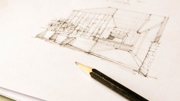 perspective sketch of interior design on white paper