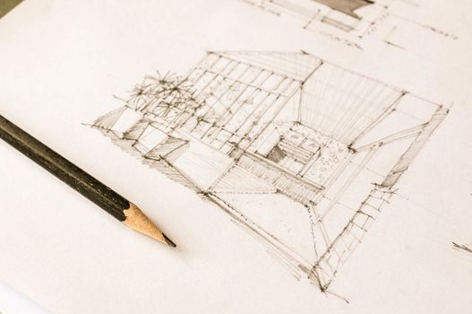 perspective sketch of interior design on white paper