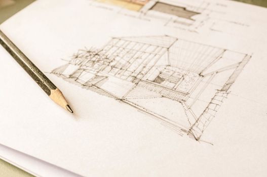 perspective sketch of interior design on white paper