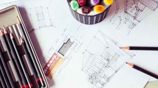 Top view of stationery tool element and sketching interior design