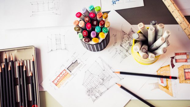 Top view of stationery tool element and sketching interior design