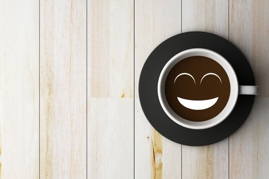 Coffee cup on wooden and smile face conception