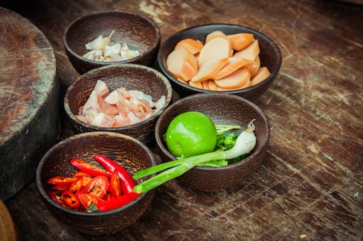 ingredient of raw food in small wood cup