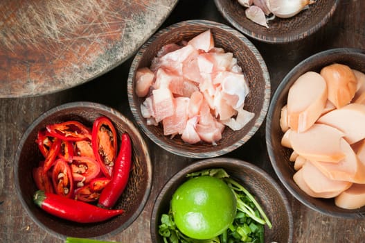 ingredient of raw food in small wood cup