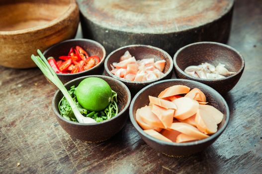 ingredient of raw food in small wood cup