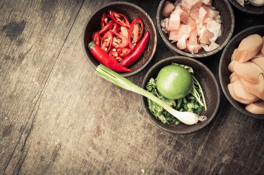 top view of ingredient raw food on wood table