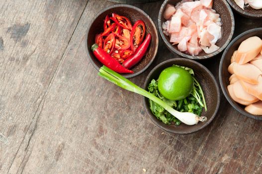 top view of ingredient raw food on wood table