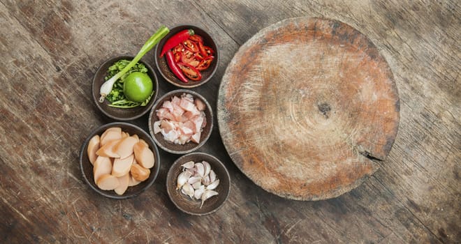 top view of ingredient raw food on wood table