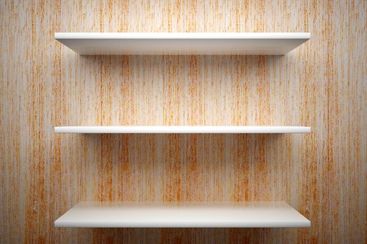 white shelves on wood wall background