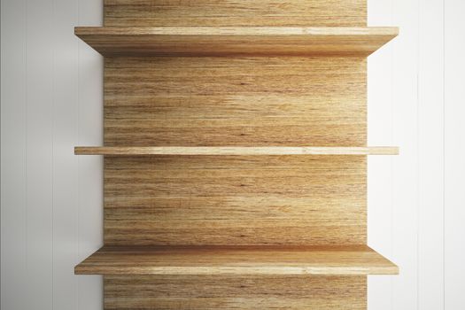 Wooden shelves on wood wall background