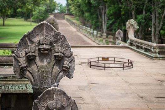 Closeup of Serpent Five Head Sculture in Wat Khao Phanom Rung Castle in Buriram Province, Thailand