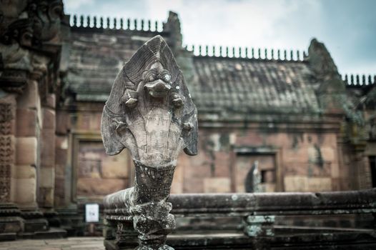 Closeup of Serpent Five Head Sculture in Wat Khao Phanom Rung Castle in Buriram Province, Thailand