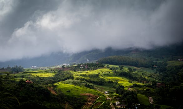 Landscape of cityscape on mountain with clouds sky