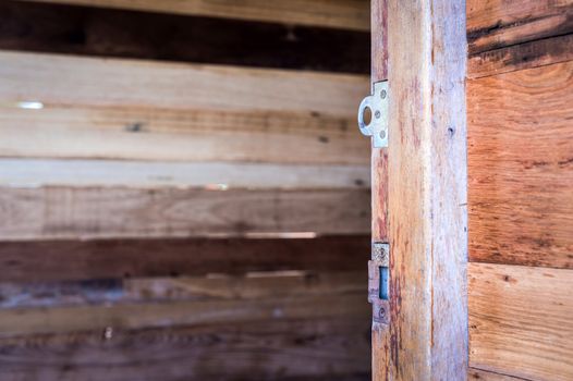 closeup of door lock element and wood wall