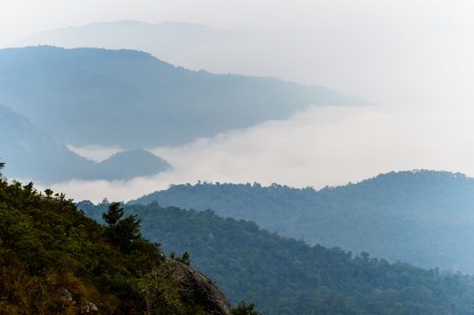 fog on mountain and cloudy sky