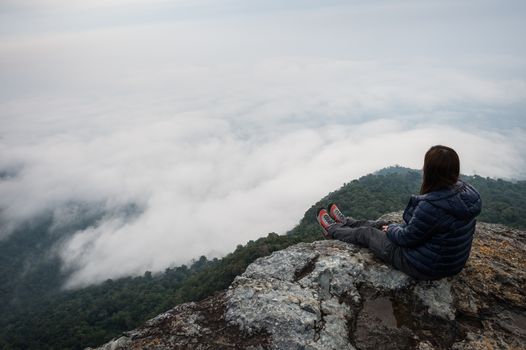 woman people looked fog and clouds sky landscape