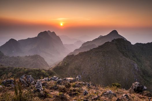 sunset of Doi Luang Chiang Dao Mountain Landscape, Chiang Mai, Thailand.