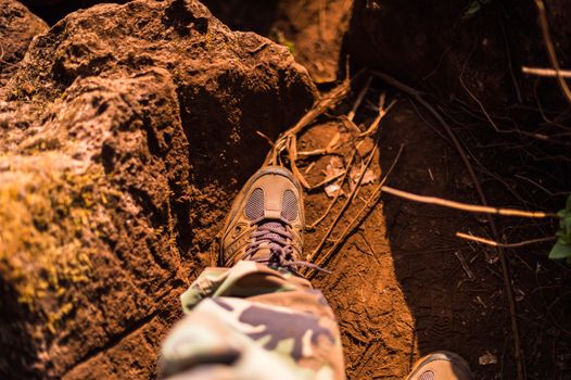 closeup of canvas shoes walking in soil path, adventure travel conception.
