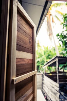 Closeup of wood window detail with through of view